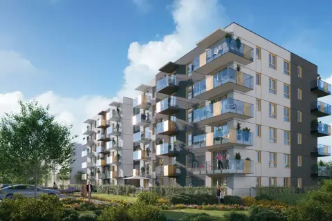 Nowoczesne apartamenty z przeszklonymi balkonami w Oruni Górnej. Zieleń i ludzie tworzą przyjazną atmosferę.