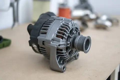 Alternator z widocznym mostkiem prostowniczym i kołem pasowym.