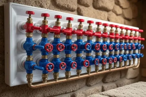 Un collecteur de plomberie avec de nombreuses vannes bleues et rouges, prêt pour une installation de chauffage ou de refroidissement.