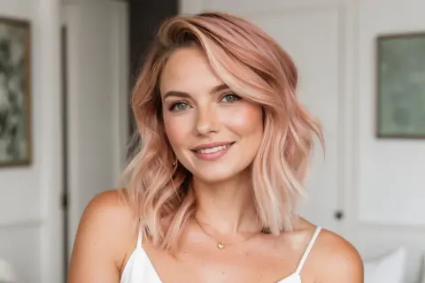 Lächelnde Frau mit welligem, erdbeerblondem Balayage-Haar und Sommersprossen.