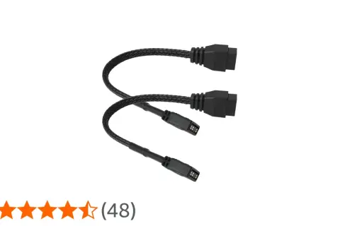 Rozdzielacz kabli do podświetlenia. Jeden kabel z trzema pinami (ARGB) i drugi z czterema (RGB).