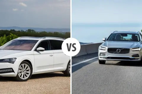Porównanie białego kombi z winnicami i srebrnego Volvo V90 na drodze. Sprawdź wymiary Volvo V90.