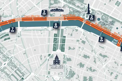 Carte du parcours de 10km des étoiles à Paris, longeant la Seine, passant par la Tour Eiffel, le Louvre et le Trocadéro.