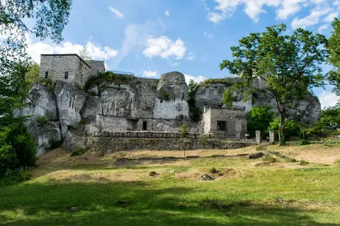 Ruiny zamku na skale, zielona trawa i drzewa. Wspaniałe morsko atrakcje dla miłośników historii i przyrody.