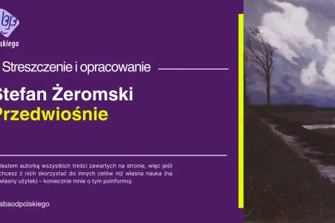 Obraz przedstawia fragment malowidła z drzewem na tle burzowego nieba i tekst "Stefan Żeromski Przedwiośnie".