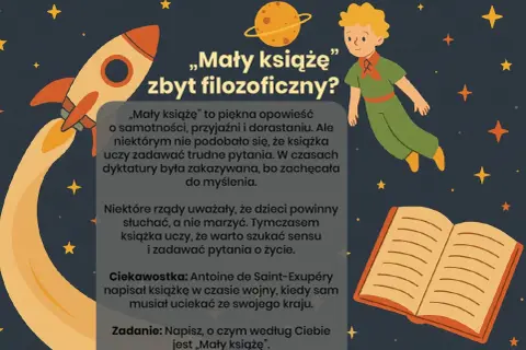 Ilustracja z Małym Księciem, rakietą i książką. Tekst omawia tę przypowieść i jej filozoficzne przesłanie.