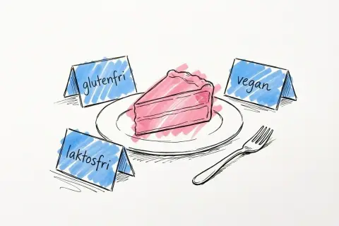 En rosa tårtbit på en tallrik, omgiven av skyltar som indikerar olika sorters tårtor: glutenfri, laktosfri och vegan.