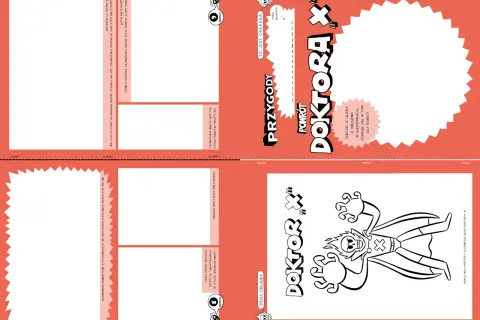 Ilustracja z tekstem "PRZYGODY POWRÓT DOKTORA X" i rysunkiem złowrogiego doktora.