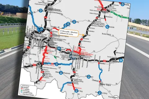 Mapa Polski z zaznaczoną drogą ekspresową S7, pokazującą jej przebieg od Moczydła do Miechowa.