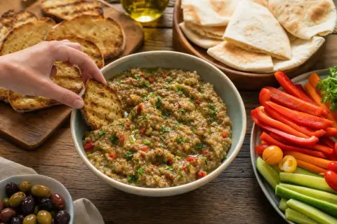 Une main trempe un toast grillé dans un bol de le vrai caviar d'aubergine, garni de persil. Autour, des crudités, des pains pita et des olives.