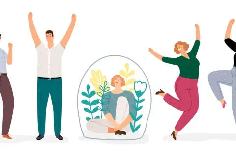 Vrolijke mensen vieren feest, het tegenovergestelde van introvert. Eén persoon zit in een glazen bol, omringd door planten.