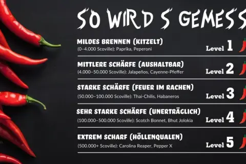 Rote Chilis auf schwarzem Grund, die Schärfegrade von mild bis extrem anzeigen. Was hilft gegen scharfes Essen? Die Skala zeigt, wie man die Schärfe von Chilis misst.