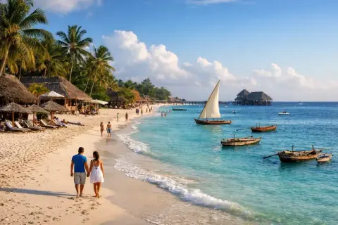 Zanzibar co warto zobaczyć: rajska plaża z palmami, łodzie na turkusowym morzu i spacerująca para. Idealne miejsce na wakacje.