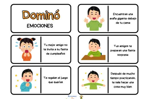 Juego de las emociones para imprimir. Dominó con ilustraciones de niños expresando sorpresa, miedo, alegría y decepción ante diversas situaciones.