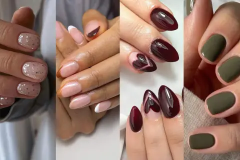 Manicure autunnali: unghie nude con glitter, french con marrone, bordeaux con cuori e verde militare. Perfette per unghie ottobre.