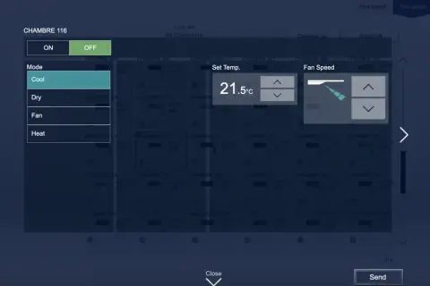 Le clim Mitsubishi est en mode chauffage pour la chambre 116. La température est réglée à 21.5°C.