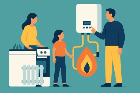 Famiglia vicino a caldaia e fornelli, con fiamma che simboleggia il consumo di gas. Si interrogano: quanti metri cubi di gas si consumano in un mese?