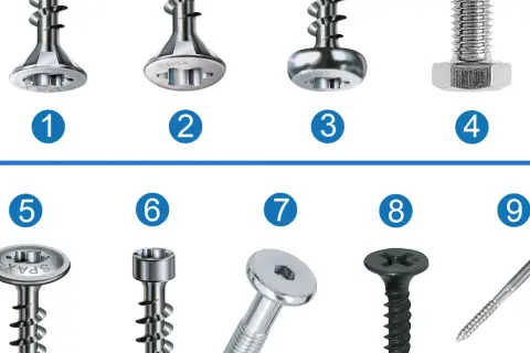 Verschiedene schrauben arten, von links nach rechts: 1-3 und 5-9 sind Holzschrauben mit unterschiedlichen Köpfen, 4 ist eine Maschinenschraube.