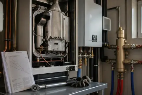 Installazione di caldaia e condizionatore insieme, con manuale tecnico e attrezzi pronti per il lavoro.