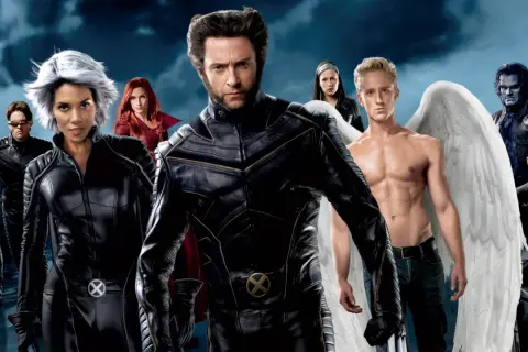 Los X-Men personajes: Wolverine, Tormenta, Jean Grey, Cíclope, Bestia, Ángel y Profesor X listos para la acción.