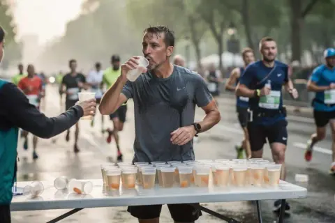 Un coureur assoiffé boit à une station de ravitaillement, essentiel pour l'hydratation marathon. D'autres coureurs en arrière-plan poursuivent leur course.