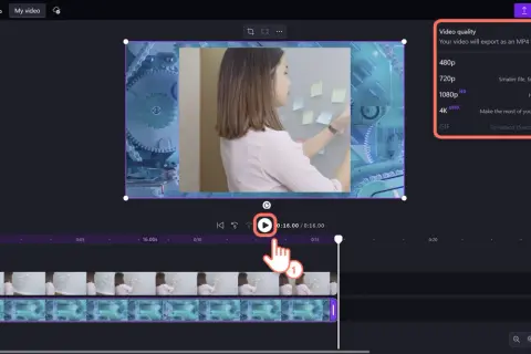 Zdjęcie z filmu: Kobieta przykleja karteczki na tablicy, a obok widać opcje eksportu wideo, w tym wybór jakości.