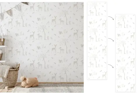 Un delicado diseño de ciervos, conejos y ardillas para empapelar pared, creando un ambiente de cuento de hadas.