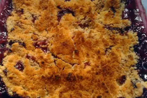 Delicioso crumble de ciruelas recién horneado, con una capa dorada y crujiente sobre la fruta jugosa.