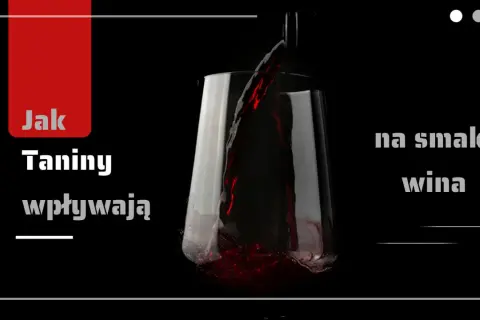 Czerwone wino nalewane do kieliszka. Tekst: "Jak taniny wpływają na smak wina".