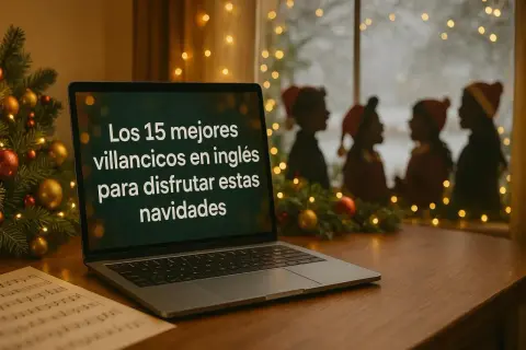 Laptop muestra "Los 15 mejores villancicos en inglés para disfrutar estas navidades". Árbol de Navidad y luces decoran la escena.