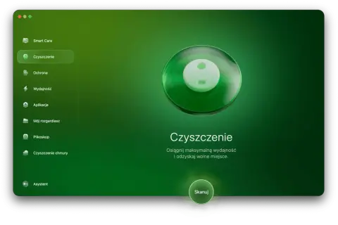 Interfejs programu do czyszczenia komputera. Opcja "Czyszczenie" jest podświetlona, sugerując usuwanie zbędnych plików, w tym pamięci podręcznej aplikacji.