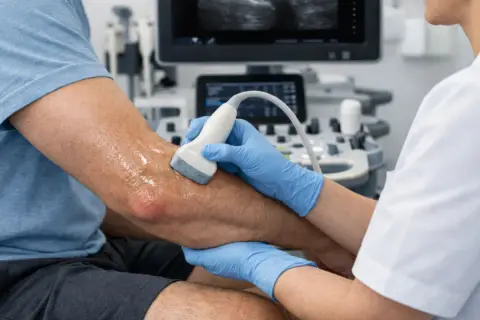 Lekarz wykonuje usg łokcia pacjenta, używając żelu i sondy. Na ekranie widoczny jest obraz diagnostyczny.