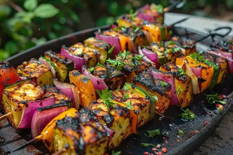 Brochettes de légumes grillés, un accompagnement barbecue parfait avec des morceaux de paneer, poivrons, oignons rouges et courgettes.