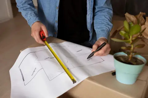 Persona disegna una piantina, usando un metro per capire come calcolare superficie calpestabile.