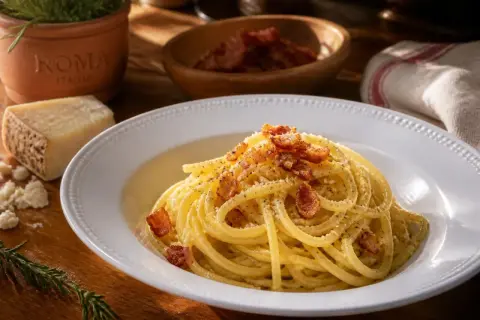 Un plat de pâtes carbonara crémeuses, garni de lardons croustillants et de parmesan râpé, avec un pot "Roma Italia" en arrière-plan.