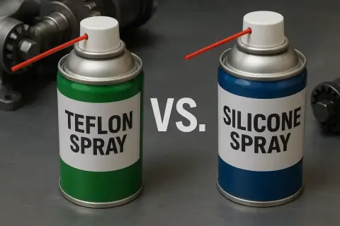 Smar PTFE do czego? Dwa spraye: zielony z napisem "Teflon Spray" i niebieski "Silicone Spray", porównanie zastosowań.