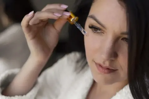 Kobieta aplikuje serum na twarz. Czy to jest slugging co to? Intensywna pielęgnacja dla promiennej cery.