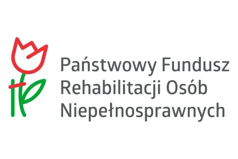 Logo Państwowego Funduszu Rehabilitacji Osób Niepełnosprawnych. Symbol tulipana i tekst. Wsparcie dla osób z niepełnosprawnością sprzężoną.