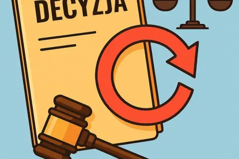 Symbolika prawa: młotek sędziowski, waga sprawiedliwości i dokument "DECYZJA" z symbolem odnowienia, nawiązujące do art. 155 kpa.