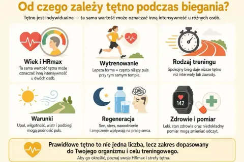 Wiek, wytrenowanie, rodzaj treningu, warunki, regeneracja i zdrowie wpływają na to, jakie tetno podczas biegu jest prawidłowe.