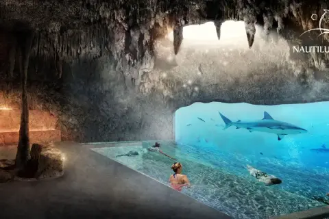 Basen w jaskini z rekinami pływającymi w akwarium obok. Nautilus Gdańsk Oceanarium.