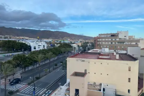 Vista aérea de una ciudad con edificios, palmeras y montañas al fondo. Las hortichuelas se ven en la distancia, bajo un cielo nublado.