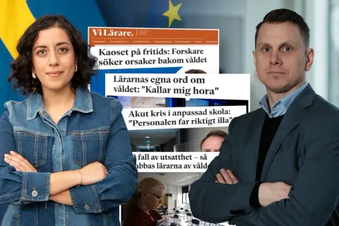 Kvinna och man med armarna i kors framför tidningsurklipp om våld i skolan. De representerar en inre resurs för att hantera utmaningar.