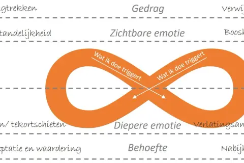 Schema toont de cyclus van emotionele behoeften van een man: terugtrekken, afstandelijkheid, falen, behoefte, nabijheid, acceptatie.