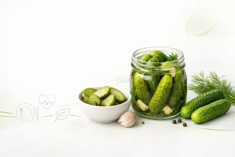 Słoik pełen ogórków kiszonych, miseczka pokrojonych, czosnek i koperek. Czy ogórki kiszone są zdrowe? Tak, to naturalny probiotyk!