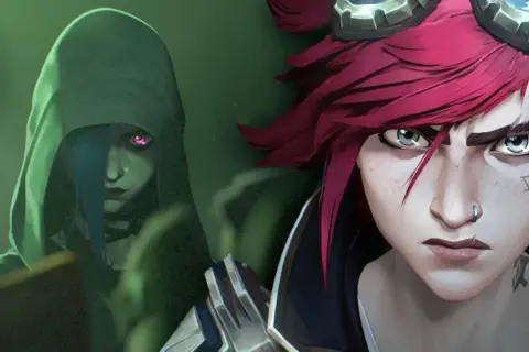 Jinx und Vi sind bereit für die lol neue staffel! Ihre Gesichter sind nah dran, mit Violets roten Haaren und Jinx' Kapuze, die ihr Gesicht verdeckt.