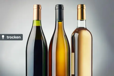 Drei Flaschen Wein, rot, gelb und weiß, stehen nebeneinander. Ein Etikett mit dem Wort "trocken" ist auf der linken Flasche zu sehen.