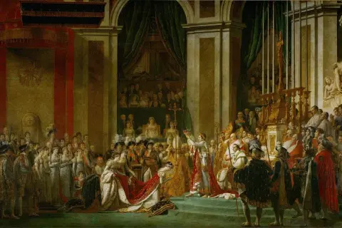 Le couronnement de Napoléon Ier, le 5 mai 1804, dans la cathédrale Notre-Dame de Paris. Une scène grandiose avec l'empereur et l'impératrice entourés de dignitaires.