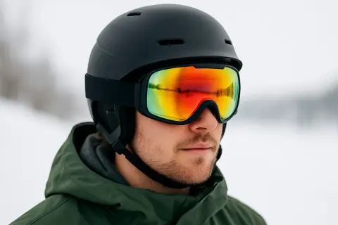Mężczyzna w czarnym kasku na snowboard i goglach z kolorowym lustrem. Idealny zestaw na stok, by czuć się bezpiecznie i stylowo.