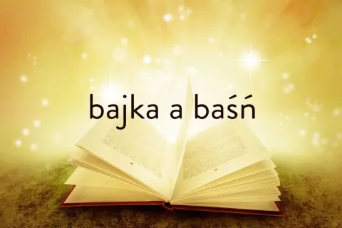 Otwarta książka z napisem "bajka a baśń" na tle złotych promieni i gwiazdek.